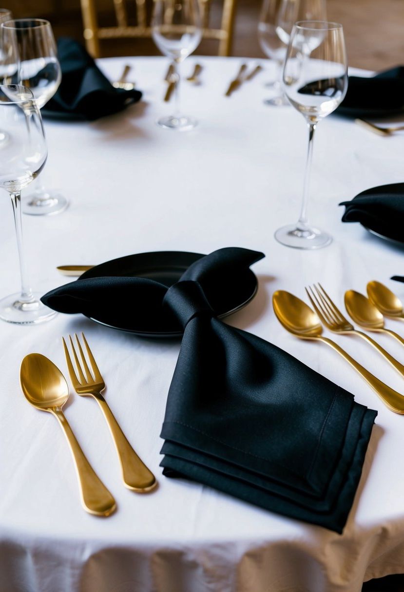 7) Black Napkins With Gold Flatware