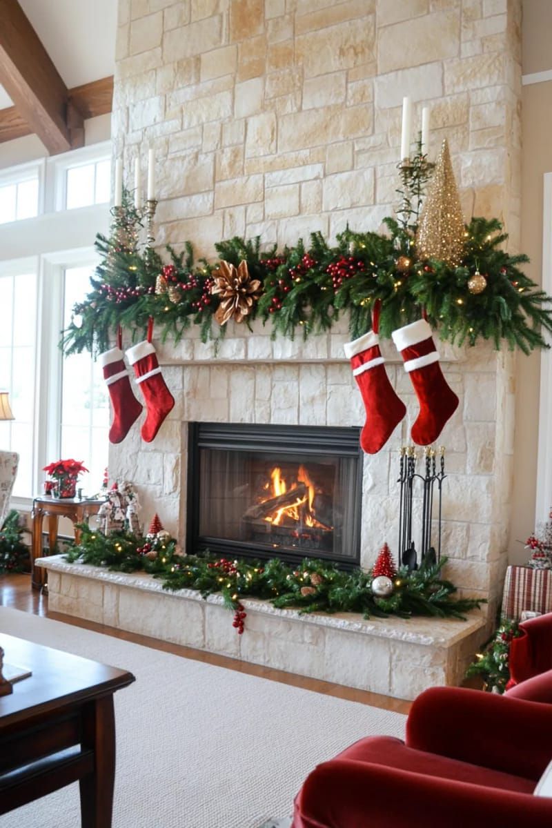 25. Seasonal greenery and berries along fireplace tile - photo 3