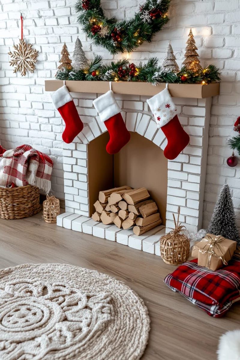 10. DIY wall-mounted cardboard brick fireplace