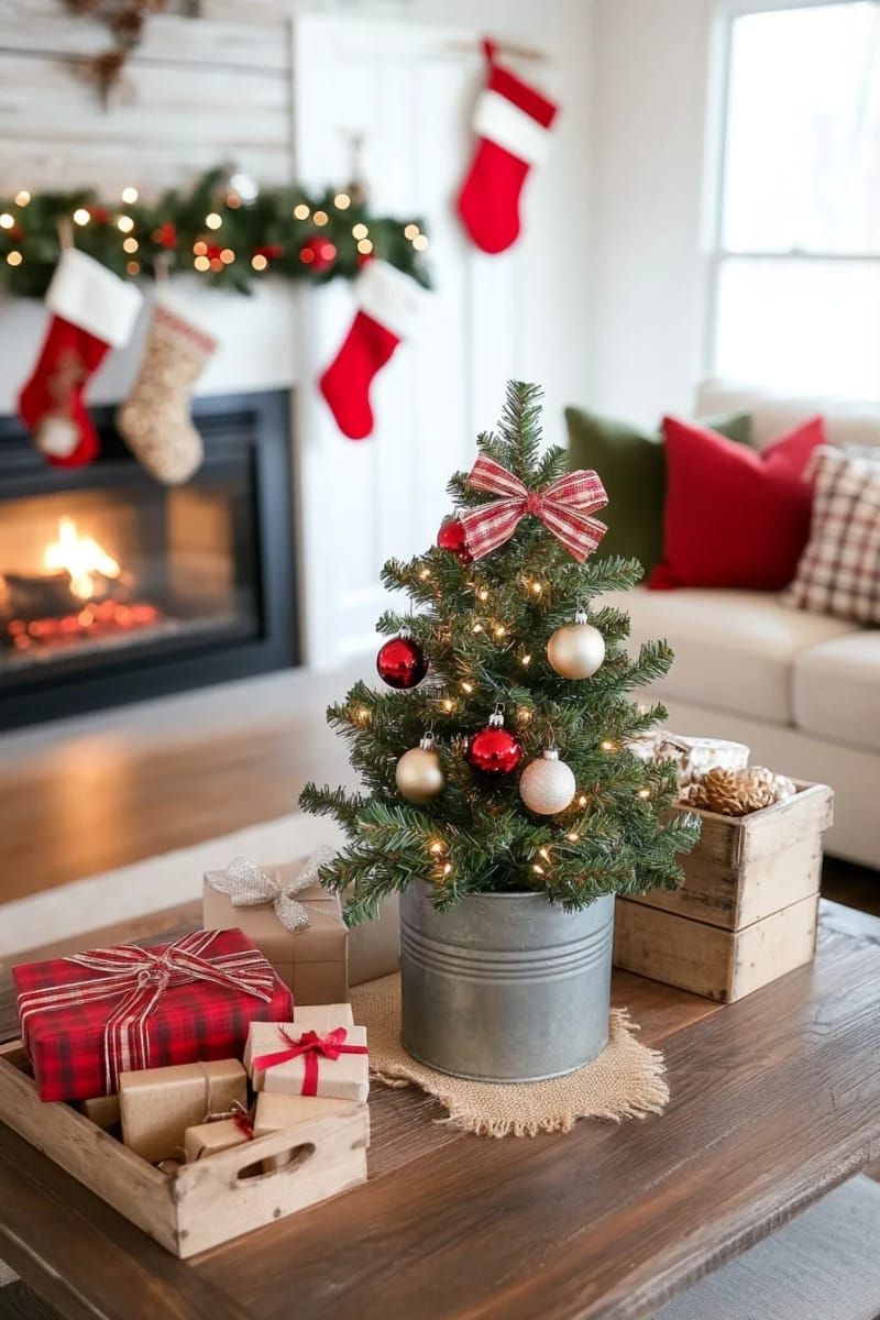 21. Mini Christmas Tree Displayed in a Metal Bucket