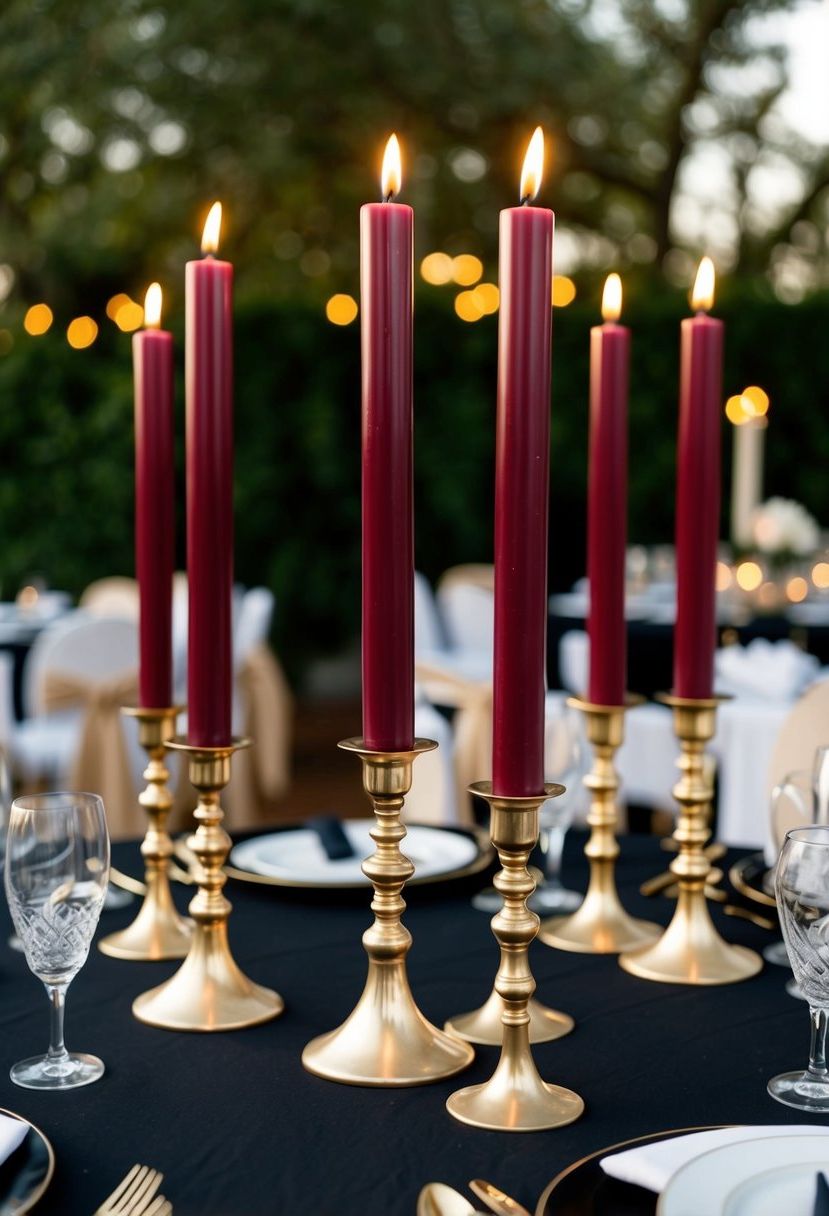 3) Burgundy taper candles in gold holders