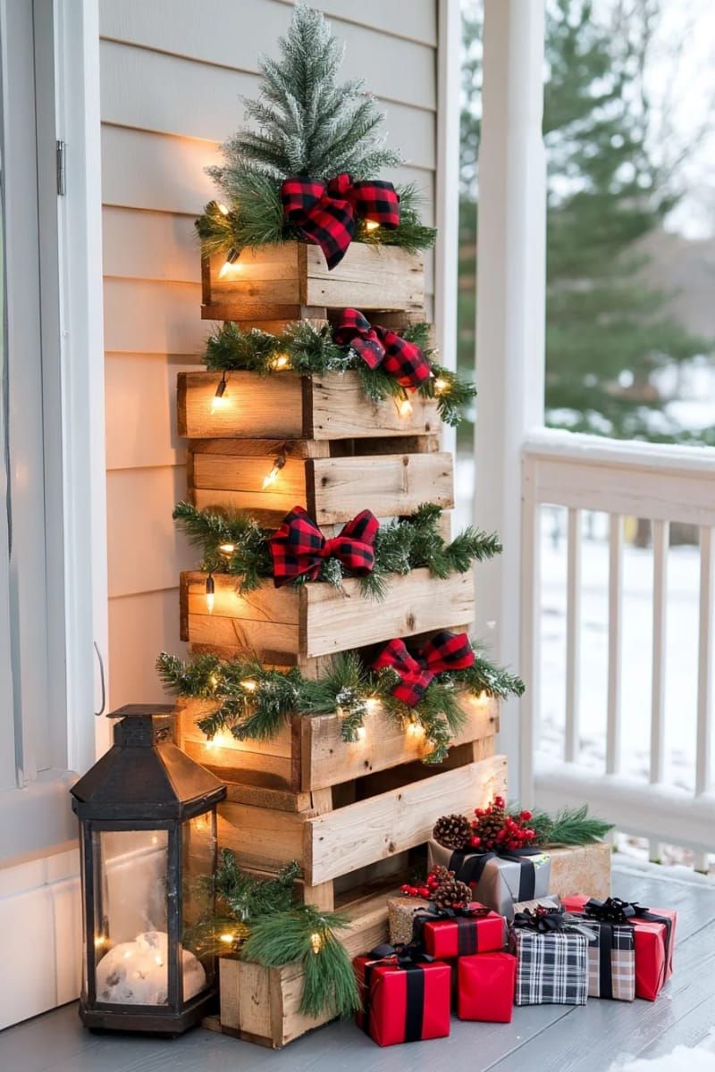 16. Layered pallet trees with lights and plaid bows - photo 2