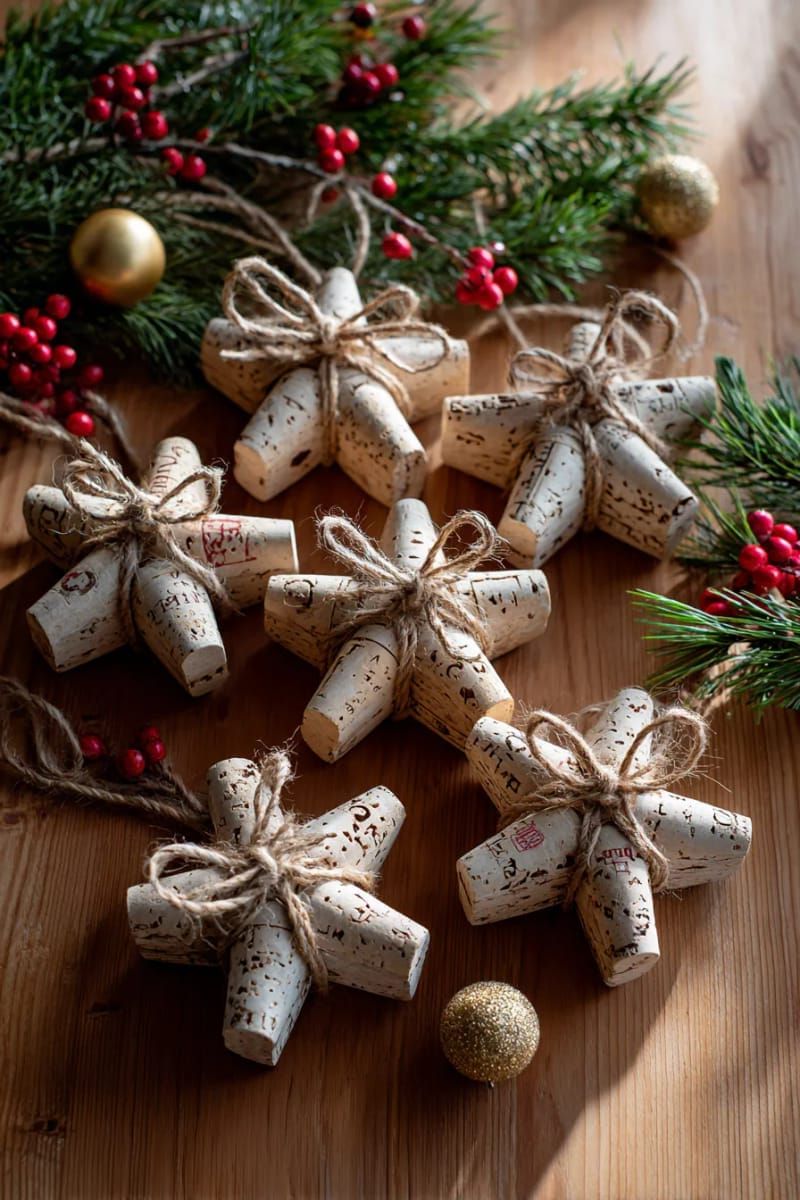 12. Rustic twine-bowed stars made from wine corks for Christmas