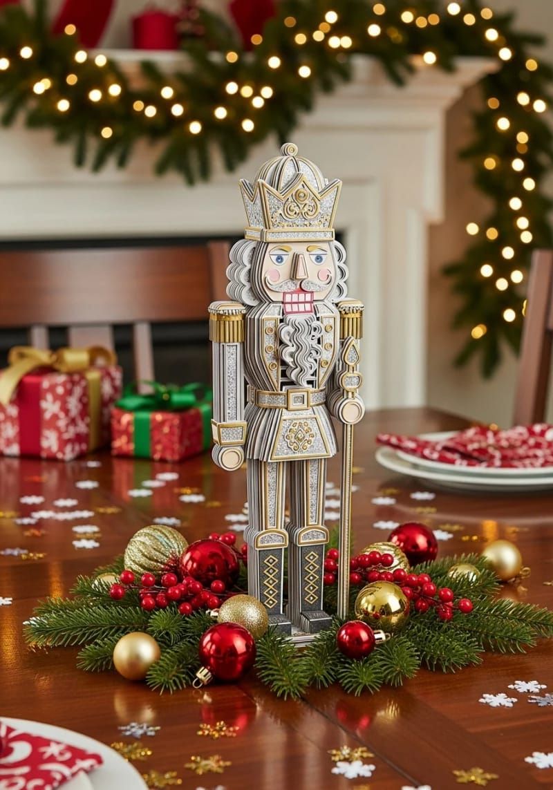 1. Layered paper nutcracker centerpiece with shiny foil accents