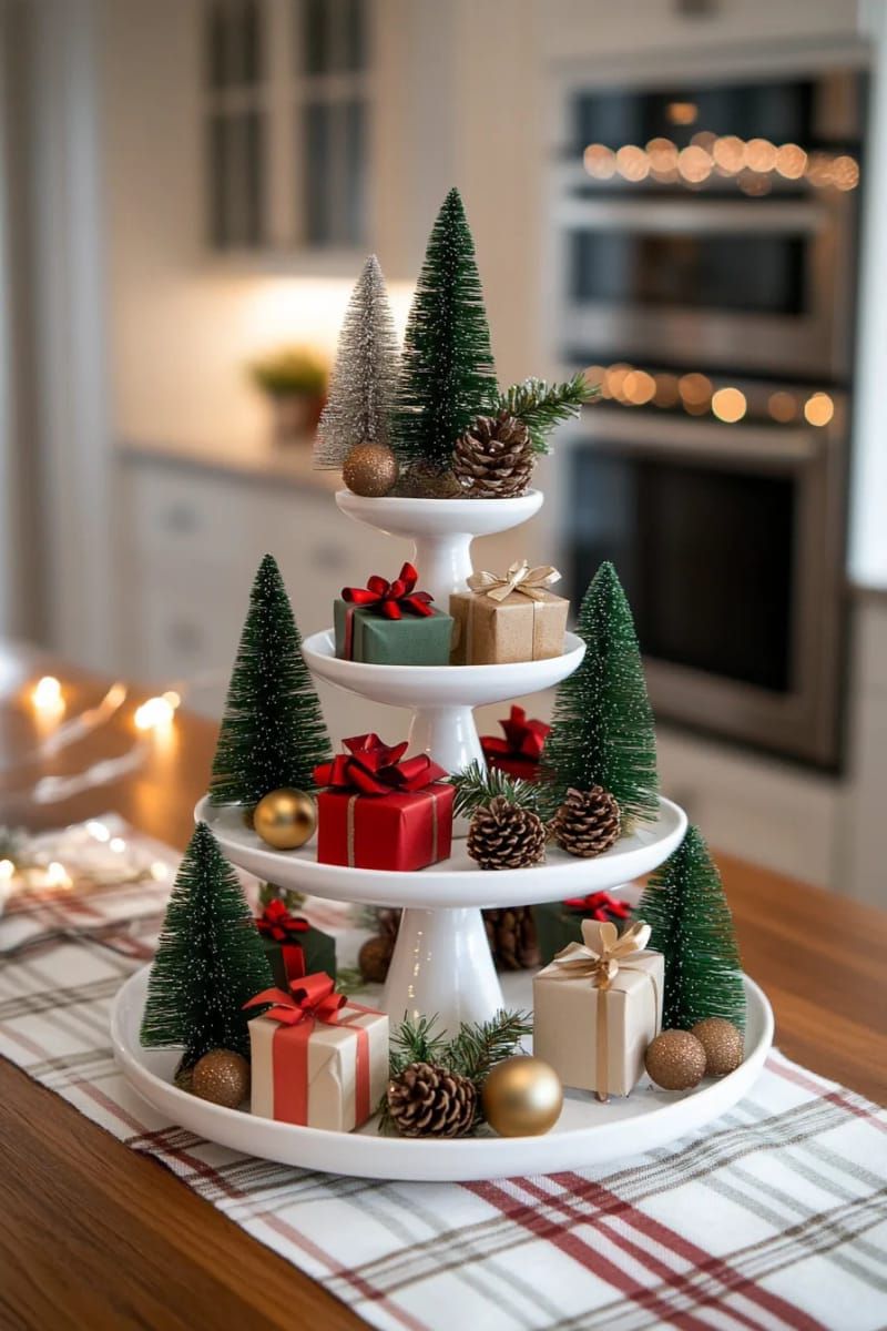 21. Tiered Trays Styled With Mini Trees and Lights