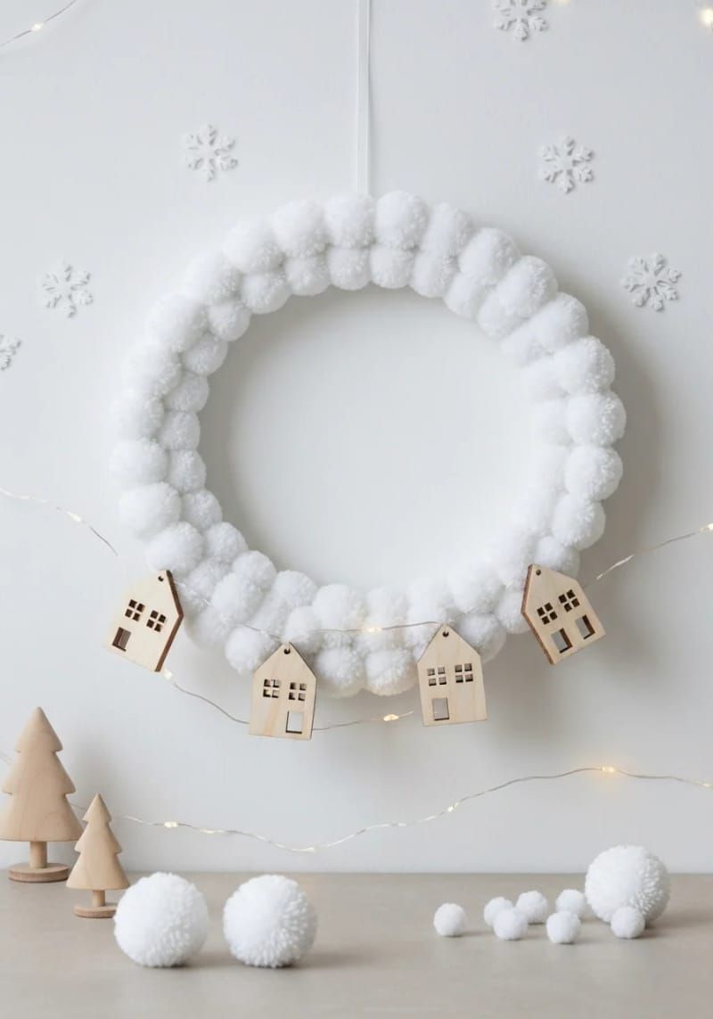 6. White Pom-Pom Wreath With Wooden Houses - photo 2