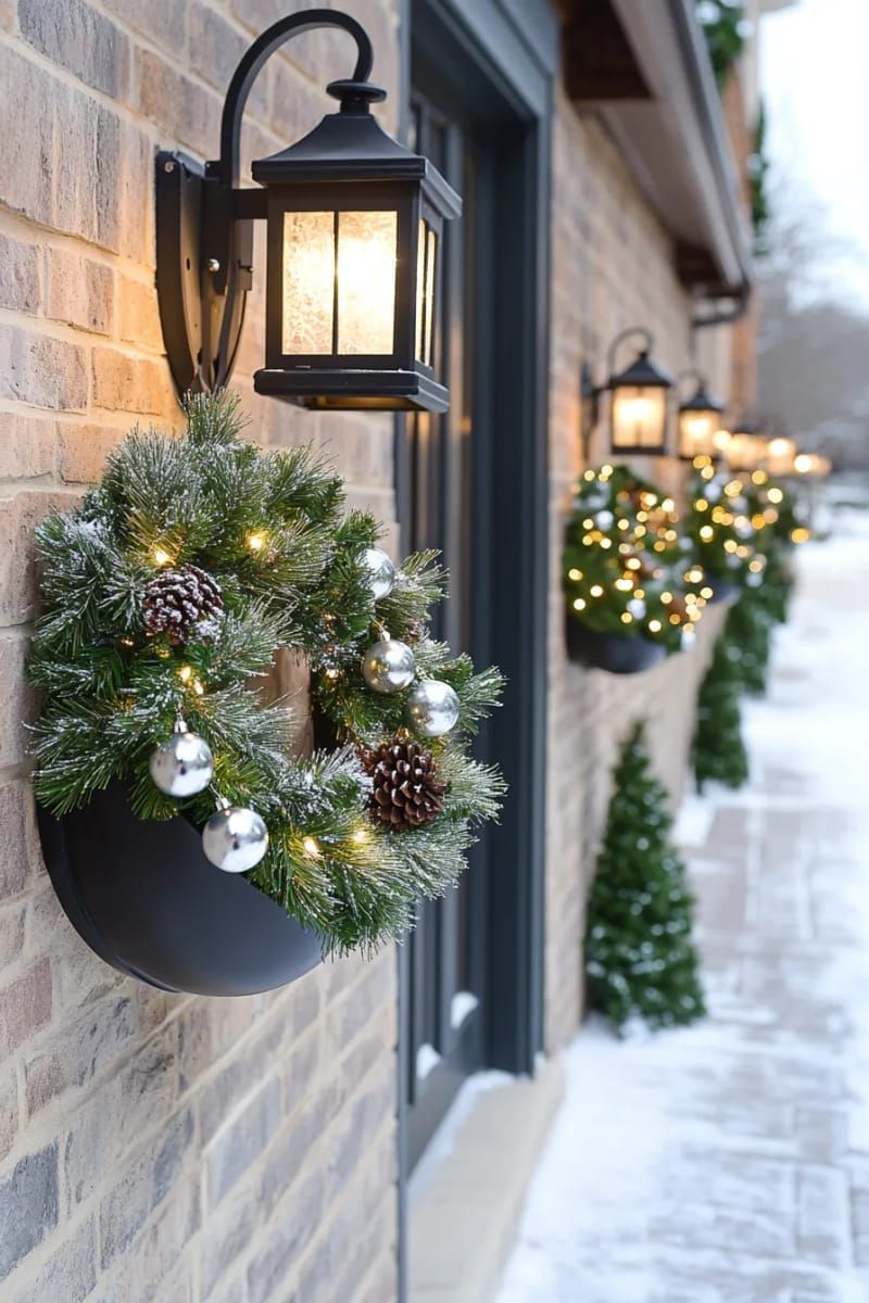 31. Snow-Covered Wreaths With Bells on Outdoor Lanterns - photo 3