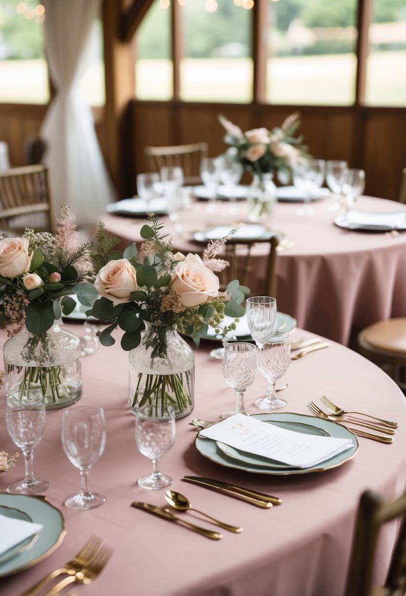 15) Patterned dusty rose tablecloths