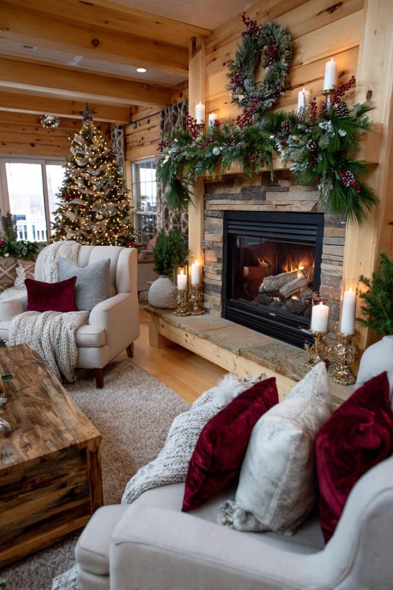 9. Rustic mantel with brass candlesticks and pillars