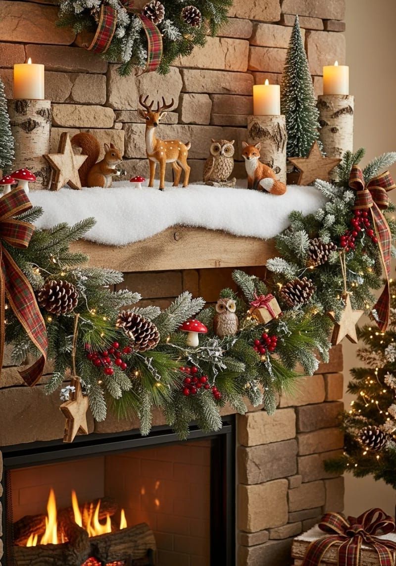 17. Snowy mantel scene with woodland creature figures