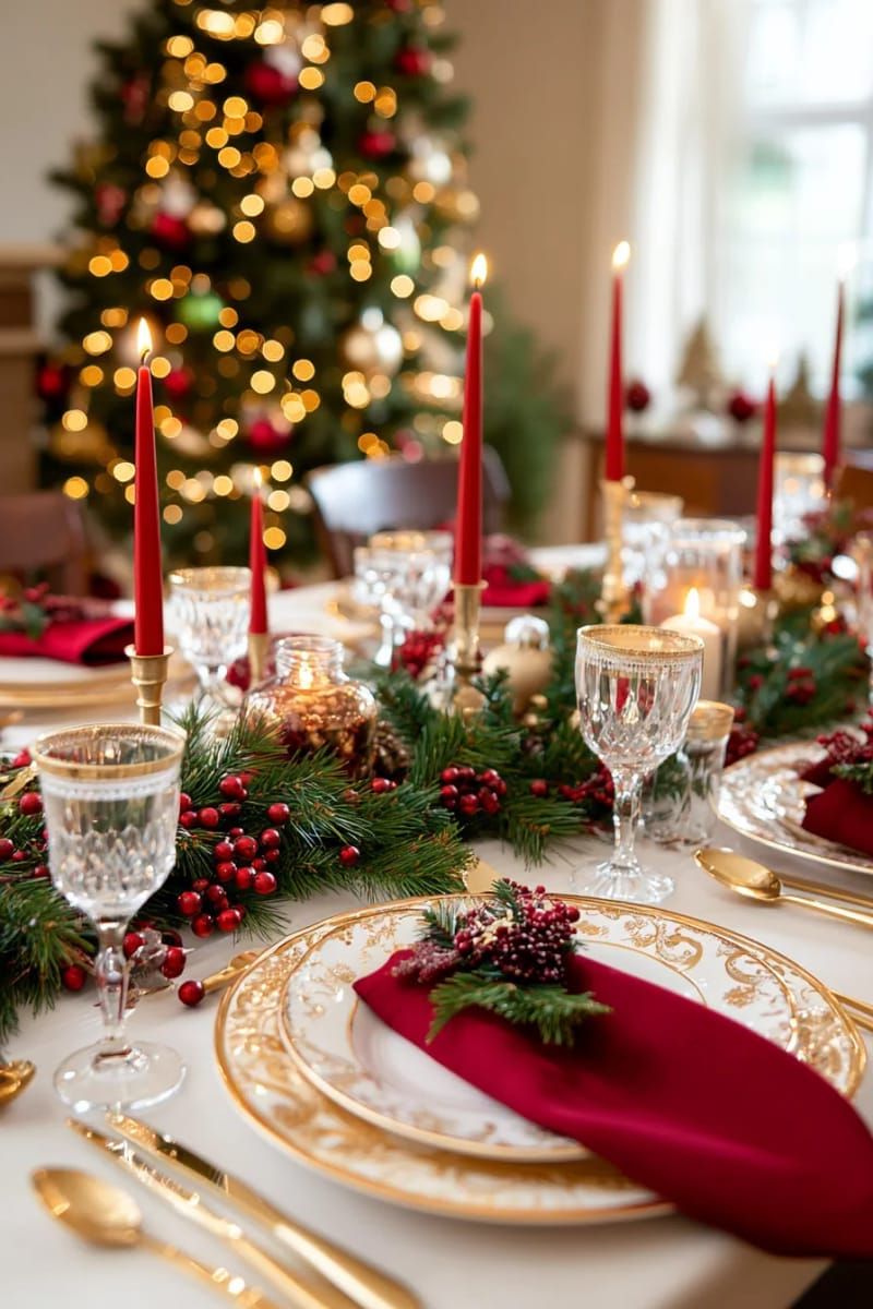 7. Gold-Rimmed Glassware With Red Napkins and Candles - photo 3