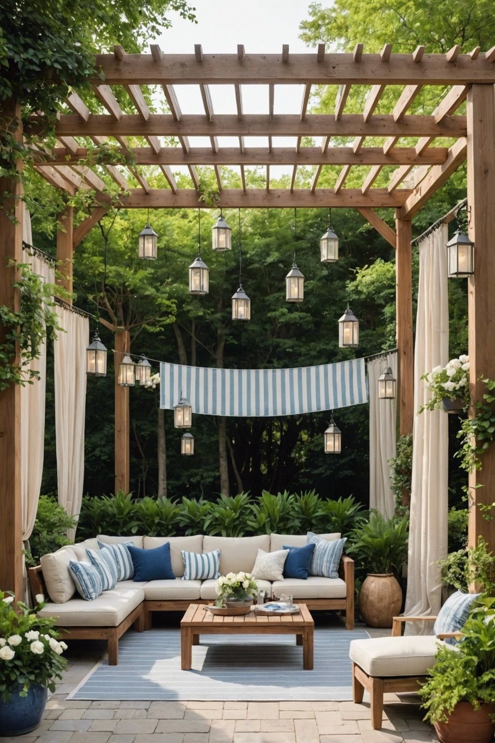 4) DIY Pergola Featuring Shade Curtains and Furniture