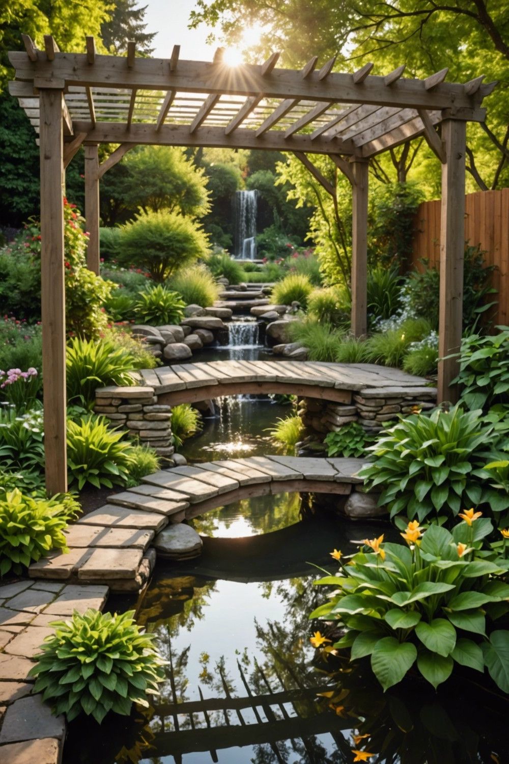 2) Bridge-Style Garden Pergola with a Water Feature