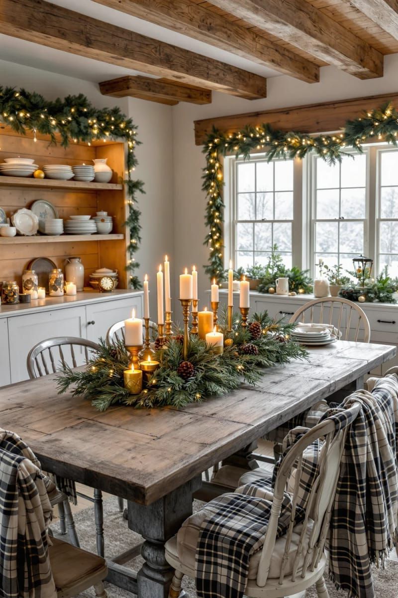 19. Evergreen sprigs with clusters of gold and silver candles for the dining table