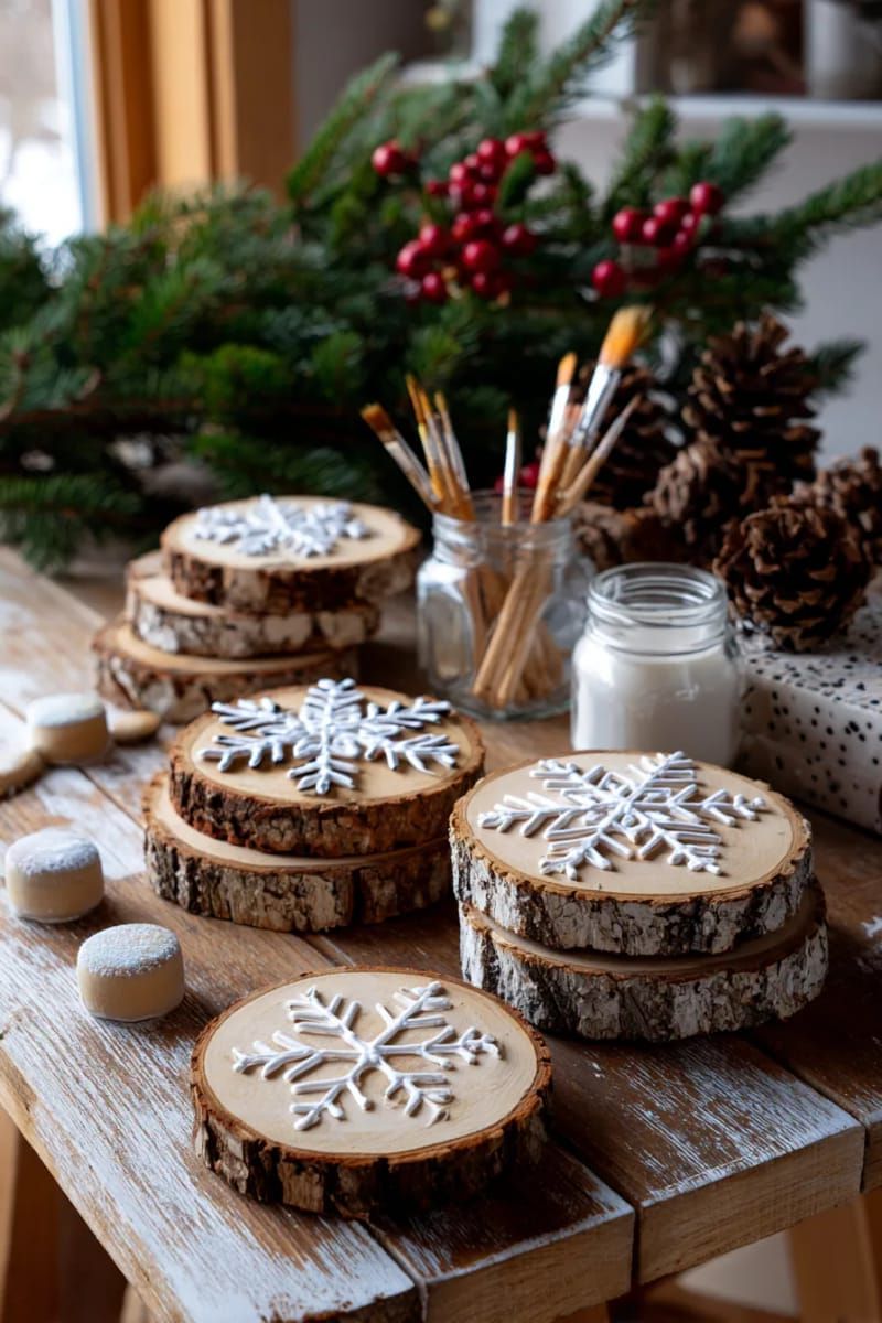 6. Snowflake-Painted Wood Slice Coasters - photo 4