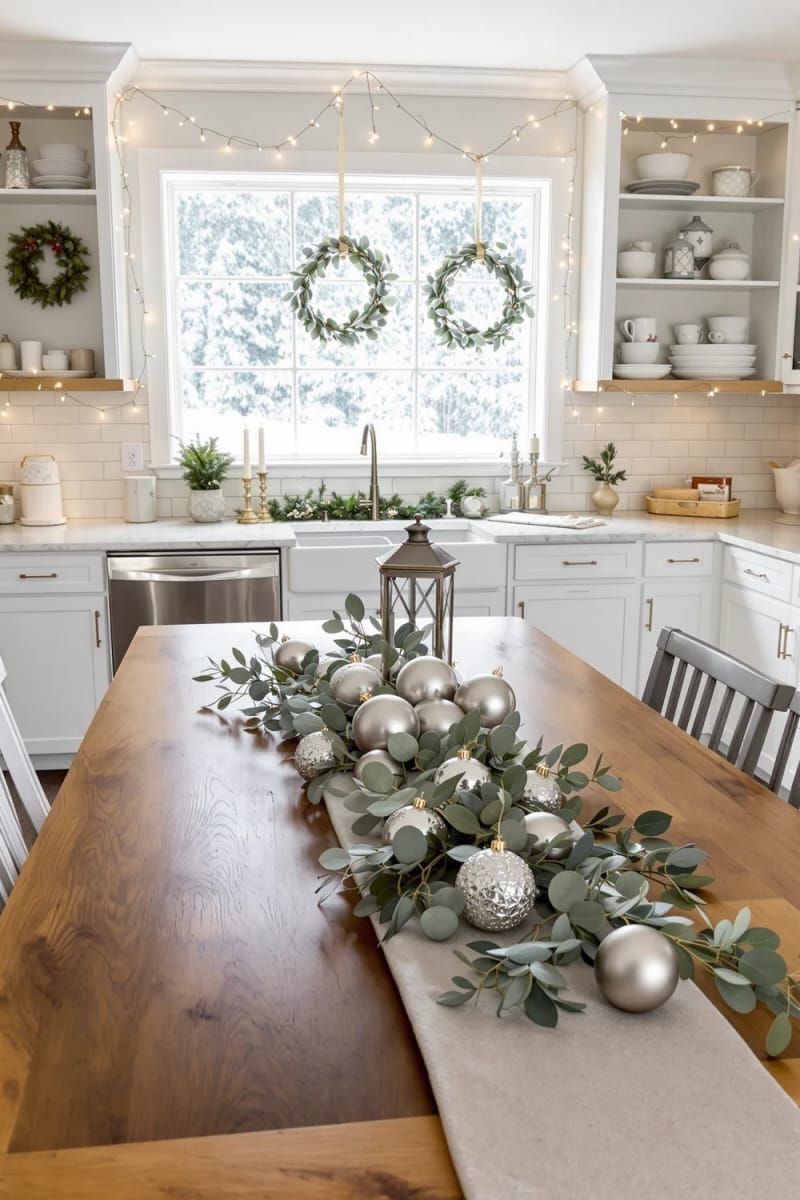 20. Eucalyptus And Silver Ornament Table Runner