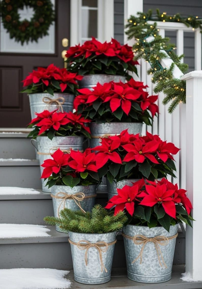 15. Red Poinsettias in Metal Buckets for Rustic Charm