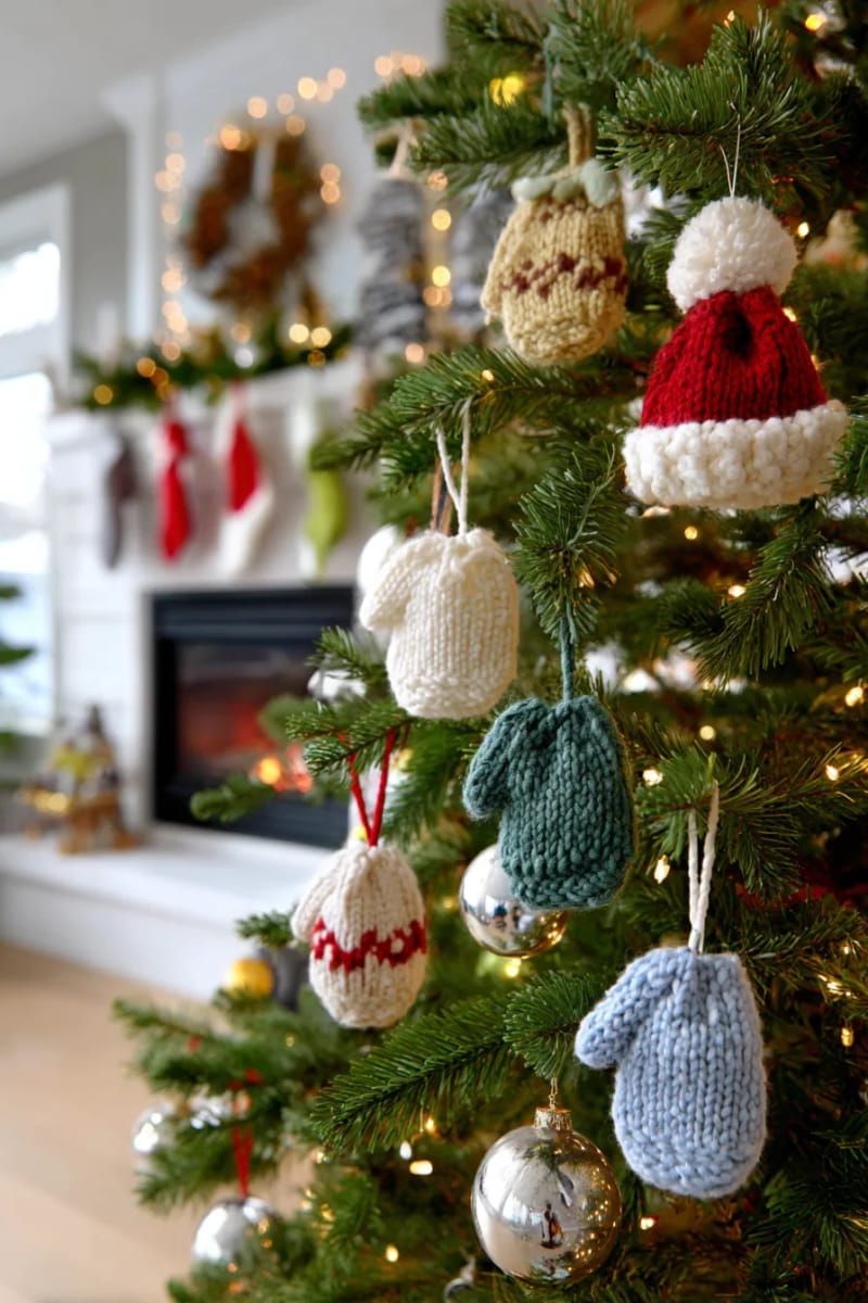 22. Knitted mitten and hat ornaments for whimsical charm