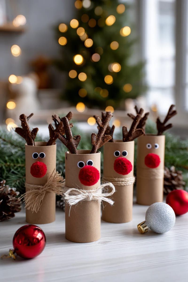 9. Reindeer made from toilet paper rolls with twig antlers and red pom-pom noses - photo 3