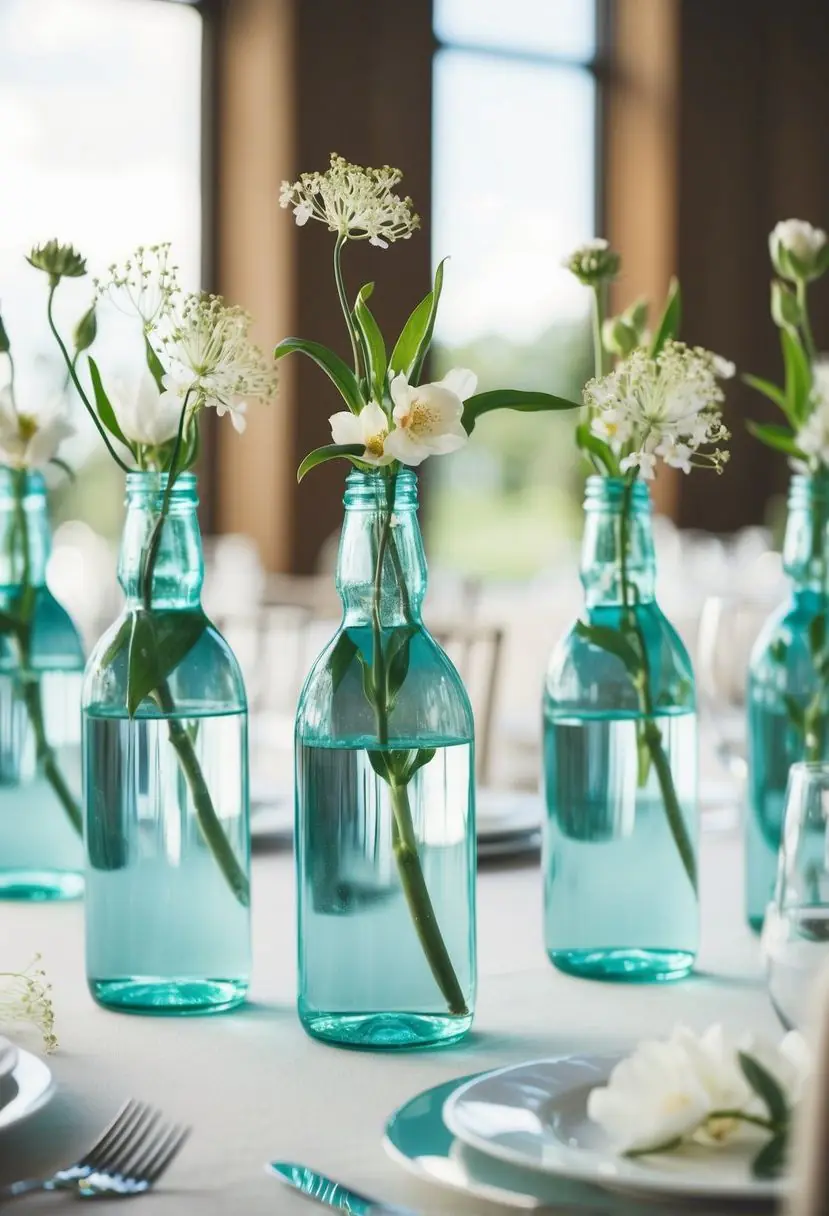 13) Glass Bottles with Hanging Flowers