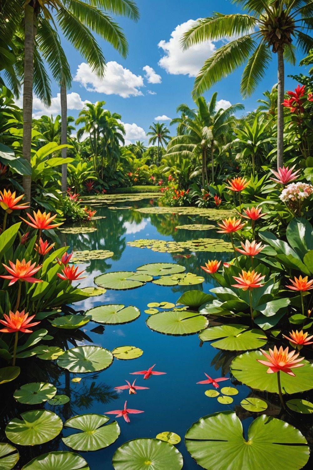 A Small Pond Filled with Water Lilies