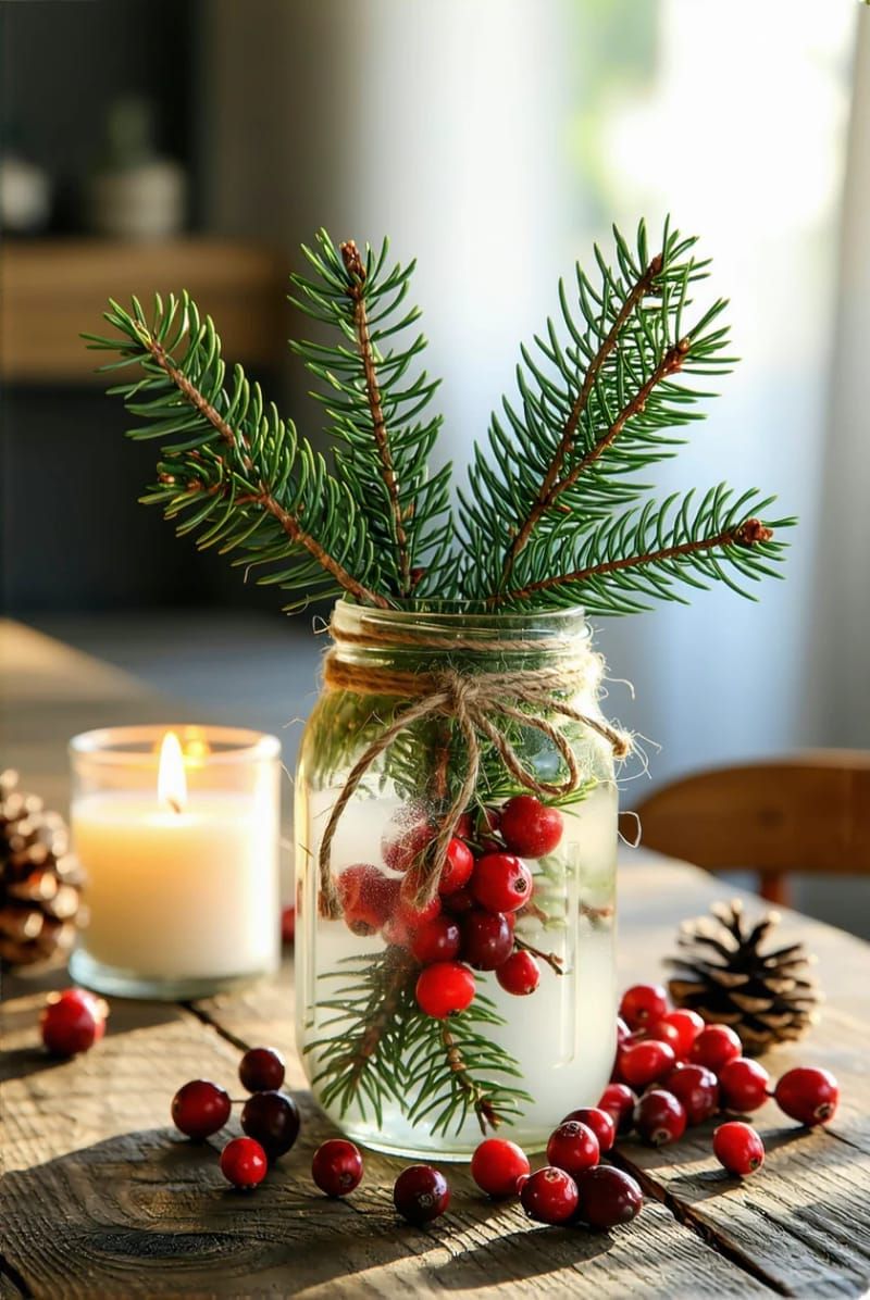 3. Mason Jar with Pine, Cranberries, and Candles - photo 2