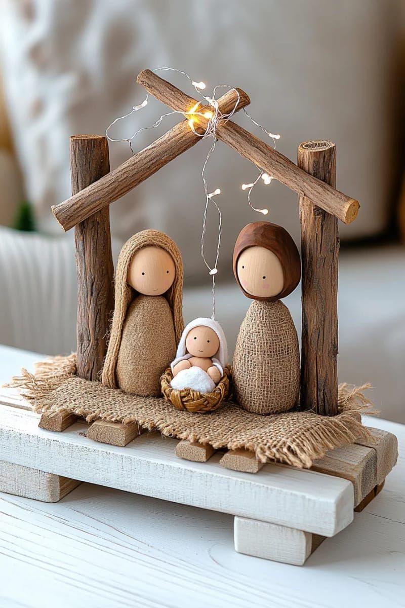 21. Small pallet nativity display featuring driftwood and burlap accents