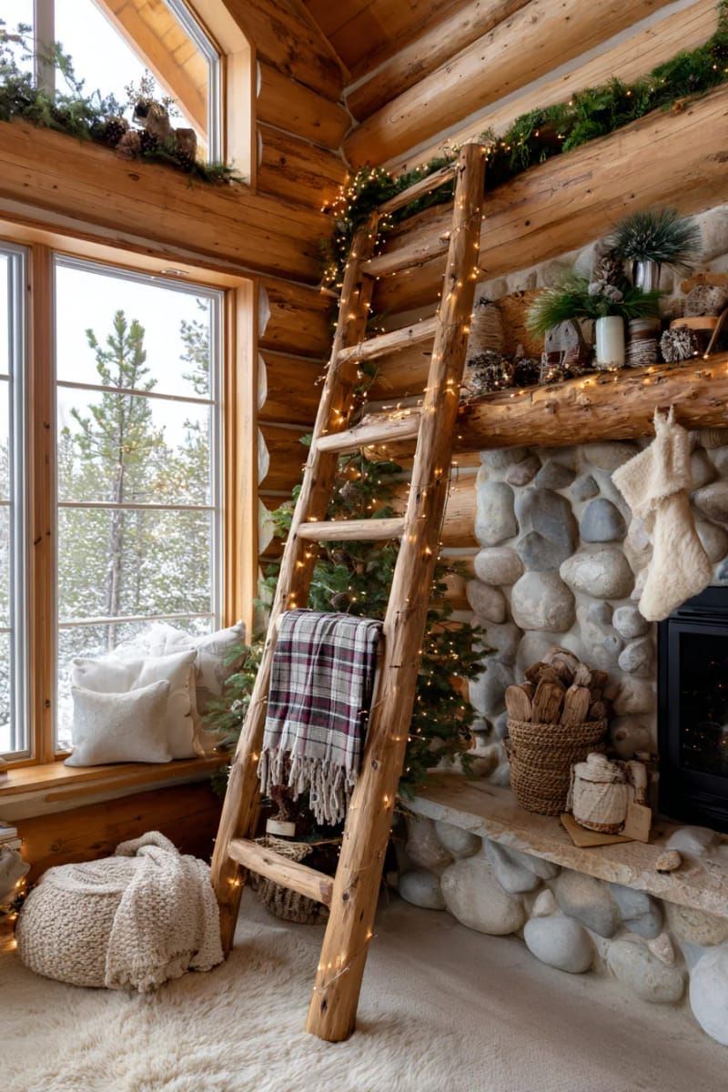 10. Rustic Ladder Styled with Plaid Blankets and Lights