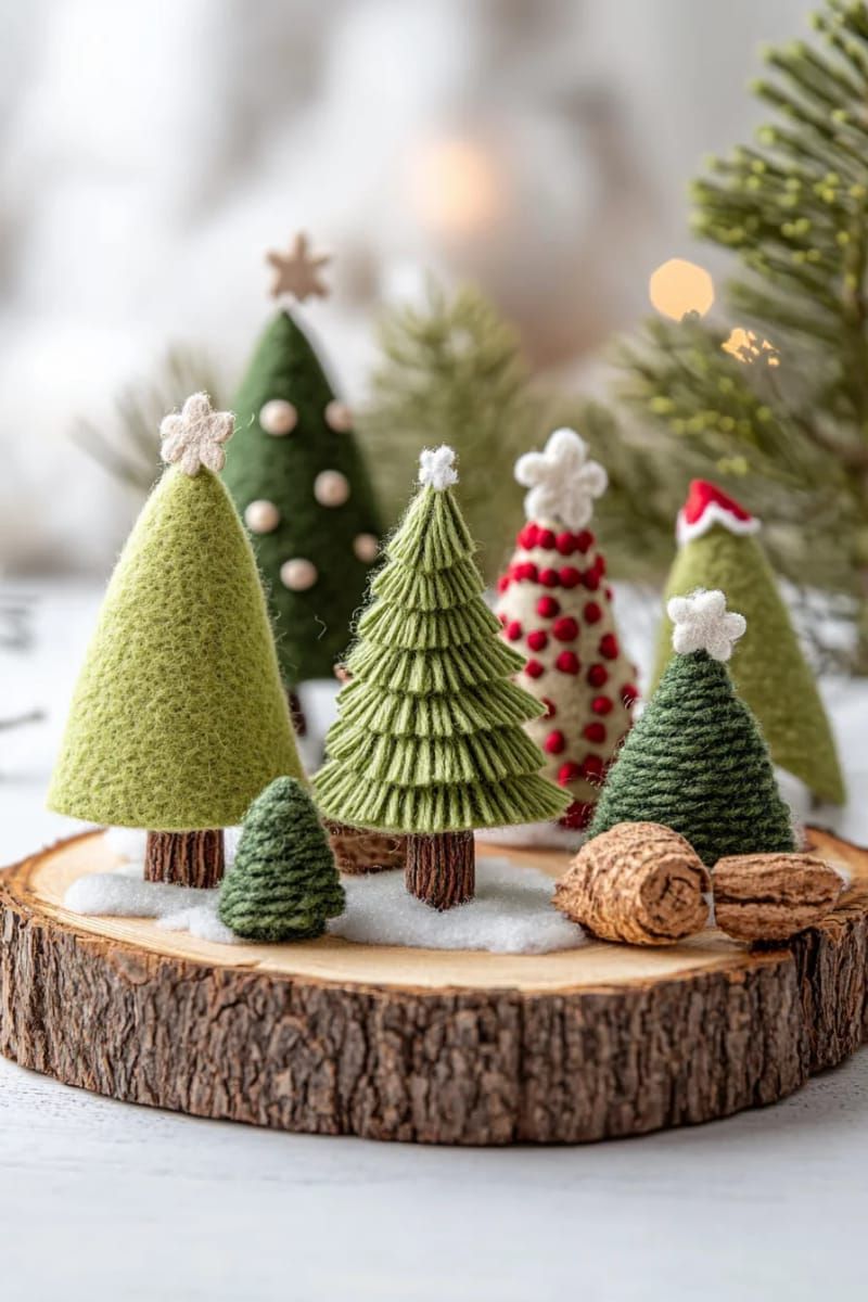 21. Felt Mini Trees Set On Wood Slices