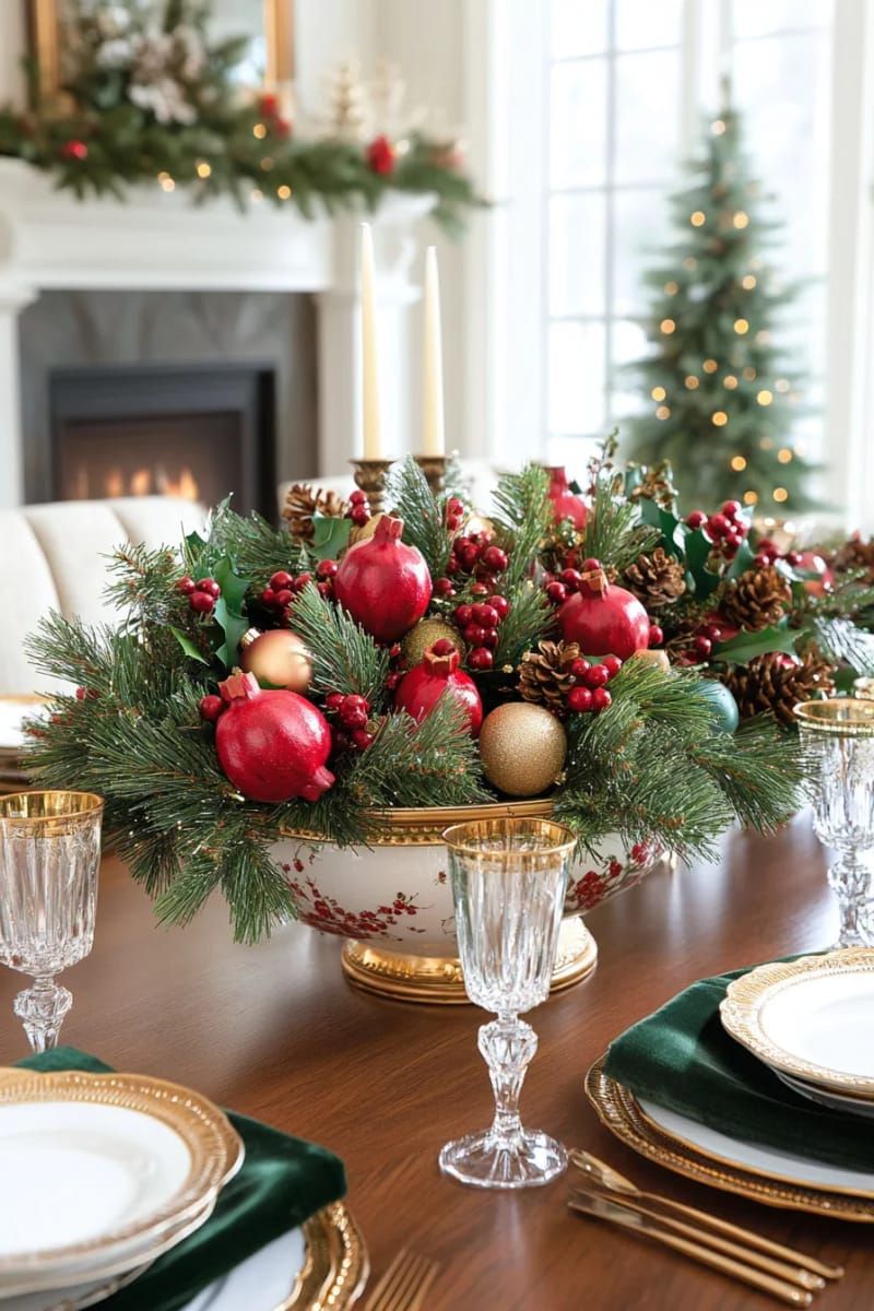 23. Pomegranate and Evergreen Bowl Centerpiece