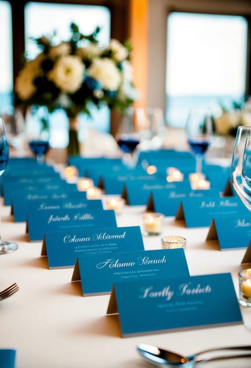 8) Custom dusty blue place cards