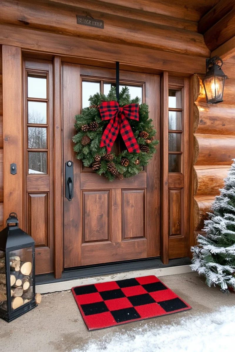 7. Rustic Pinecone Wreath With Plaid Ribbon