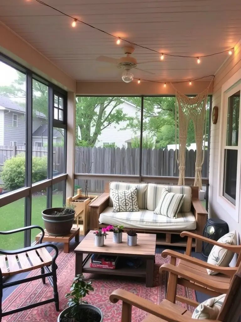 10. Cozy Screened Porch Using Recycled Furniture