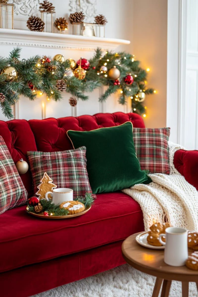 1. Cozy sofa styling with plaid pillows and garland
