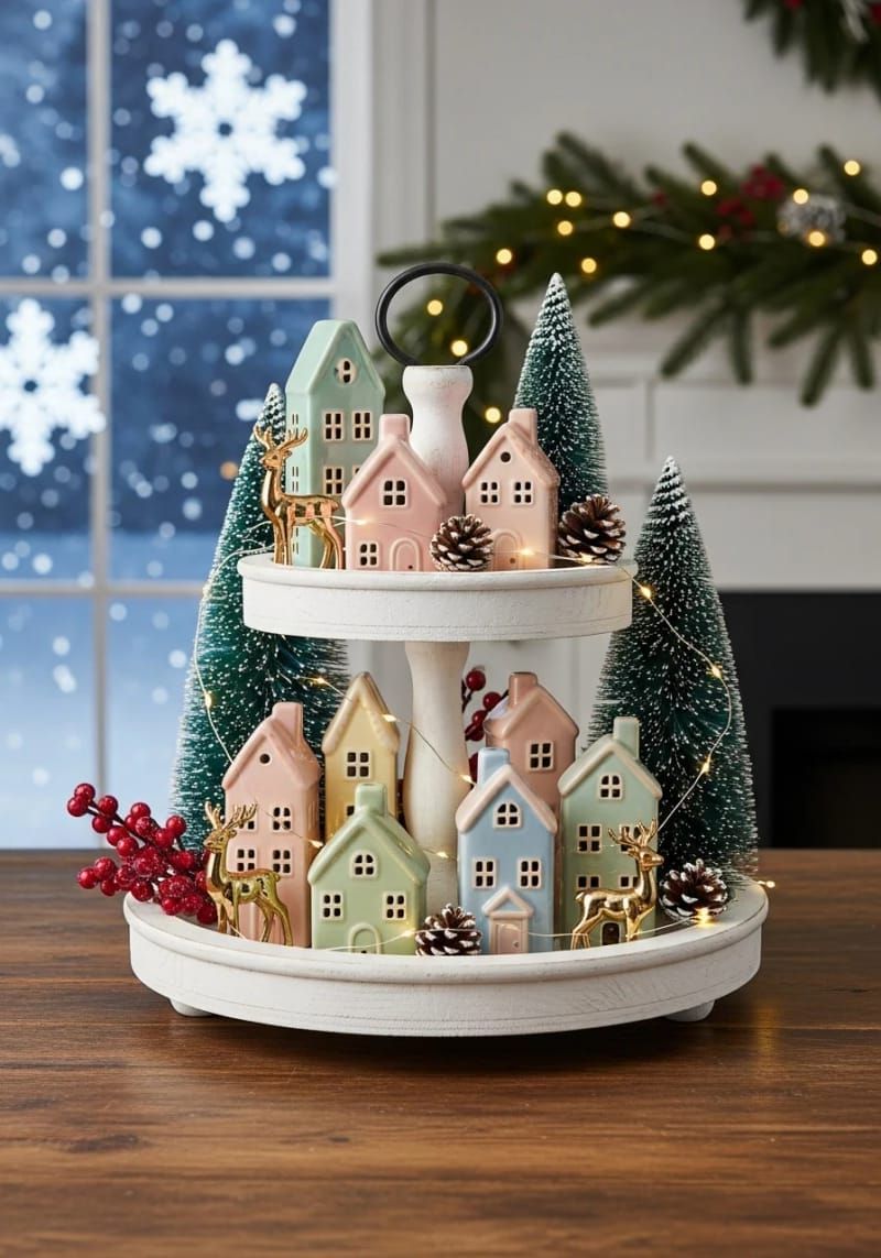 31. Tiered Tray With Mini Houses and Reindeer