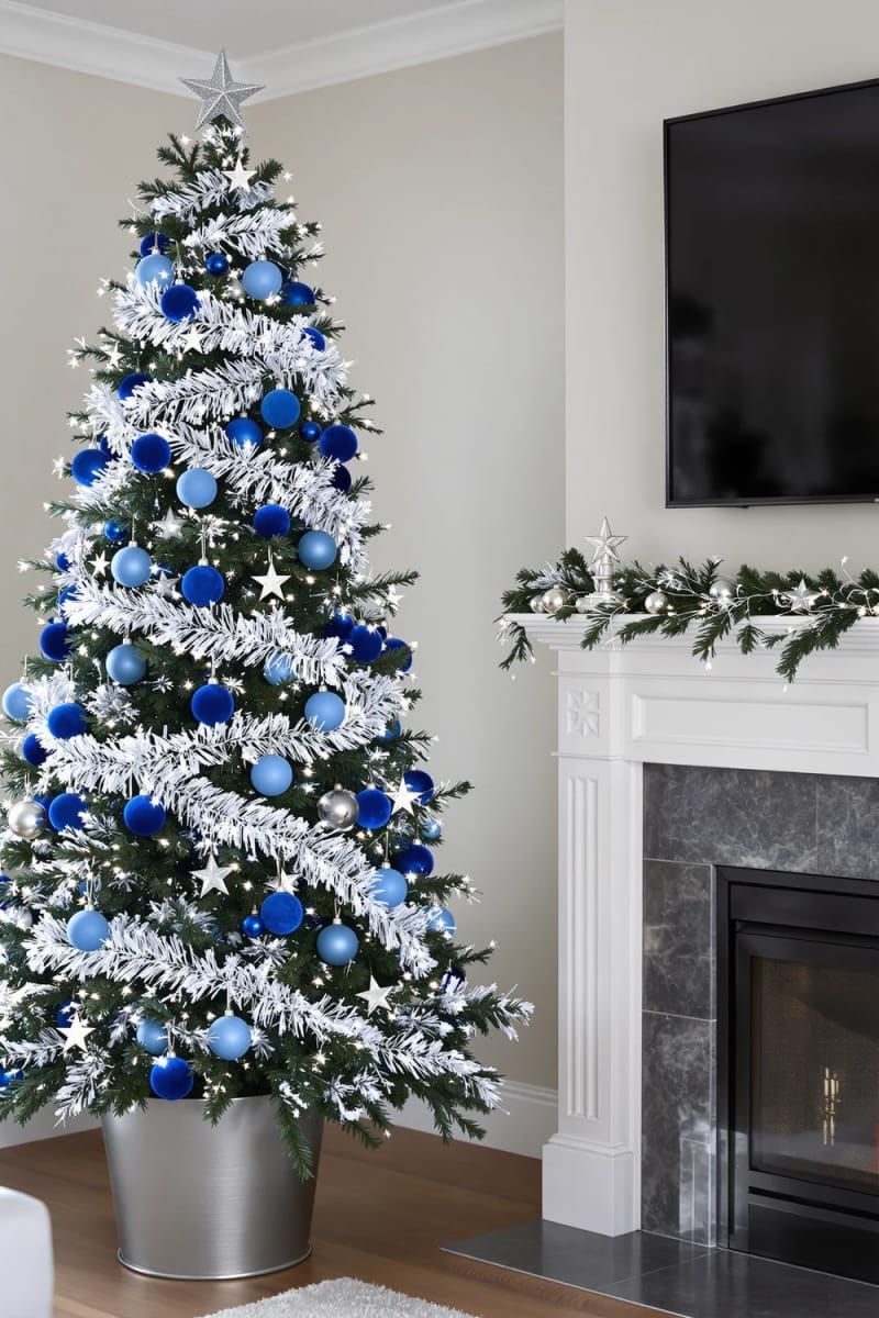 21. Blue velvet baubles and silver garland for cool tones - photo 2