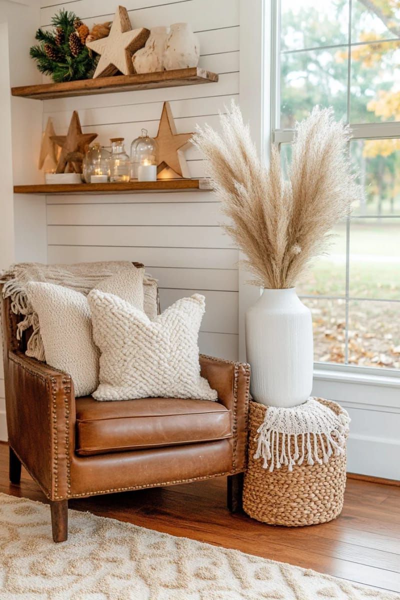 25. Boho Christmas Corner With Pampas Grass And Wooden Stars