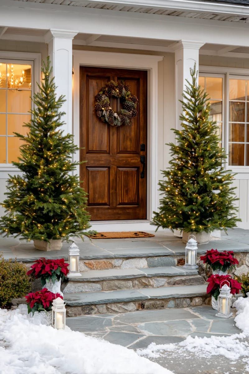 8. Matching Pre-Lit Fir Trees Flank the Doorway - photo 2