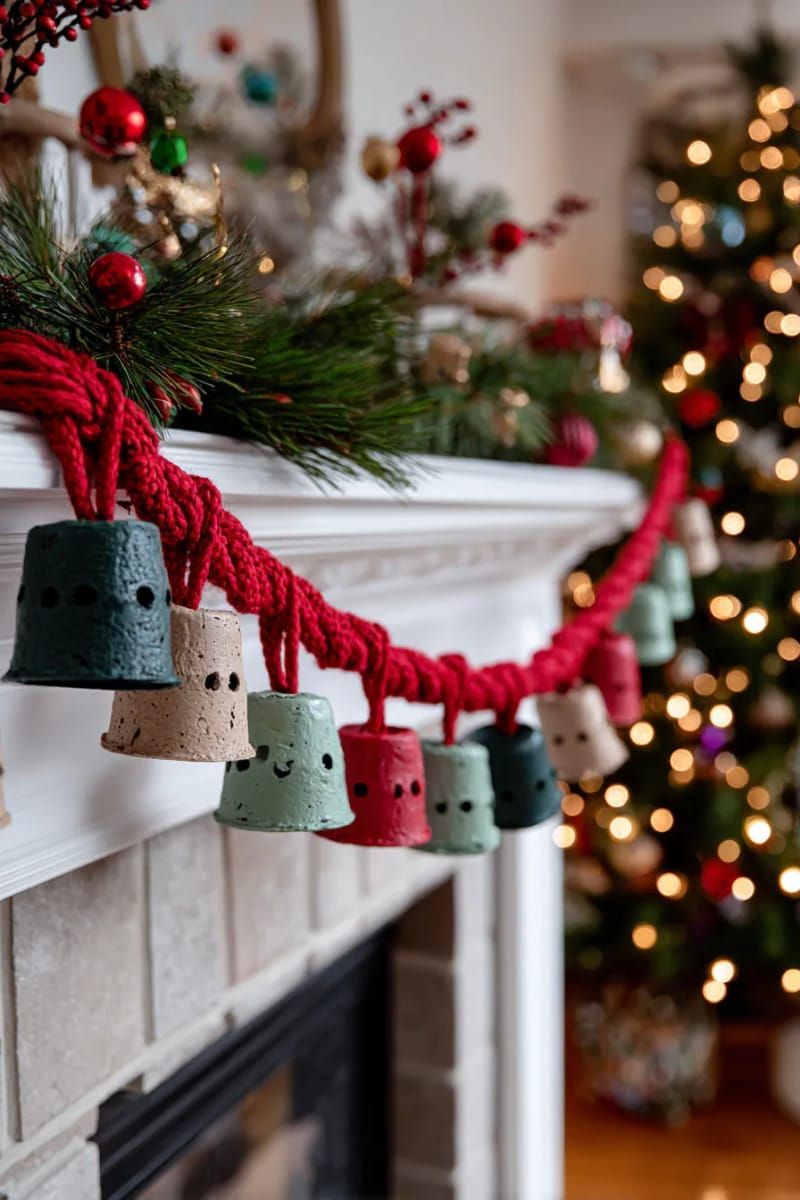 23. Bells made from egg cartons linked with red and green yarn