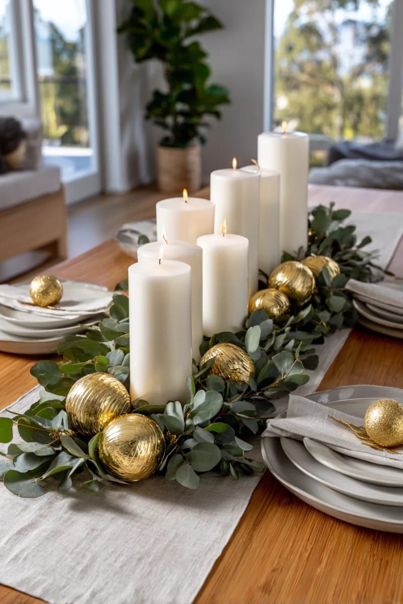 9. Modern Eucalyptus and Gold Bauble Display