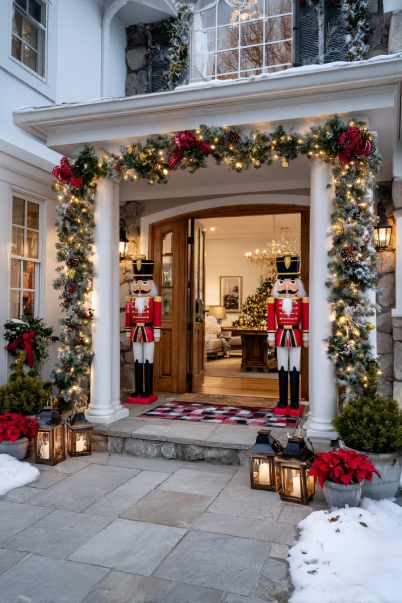 27. Traditional nutcracker sentinels at the entrance adorned with garland embellishments