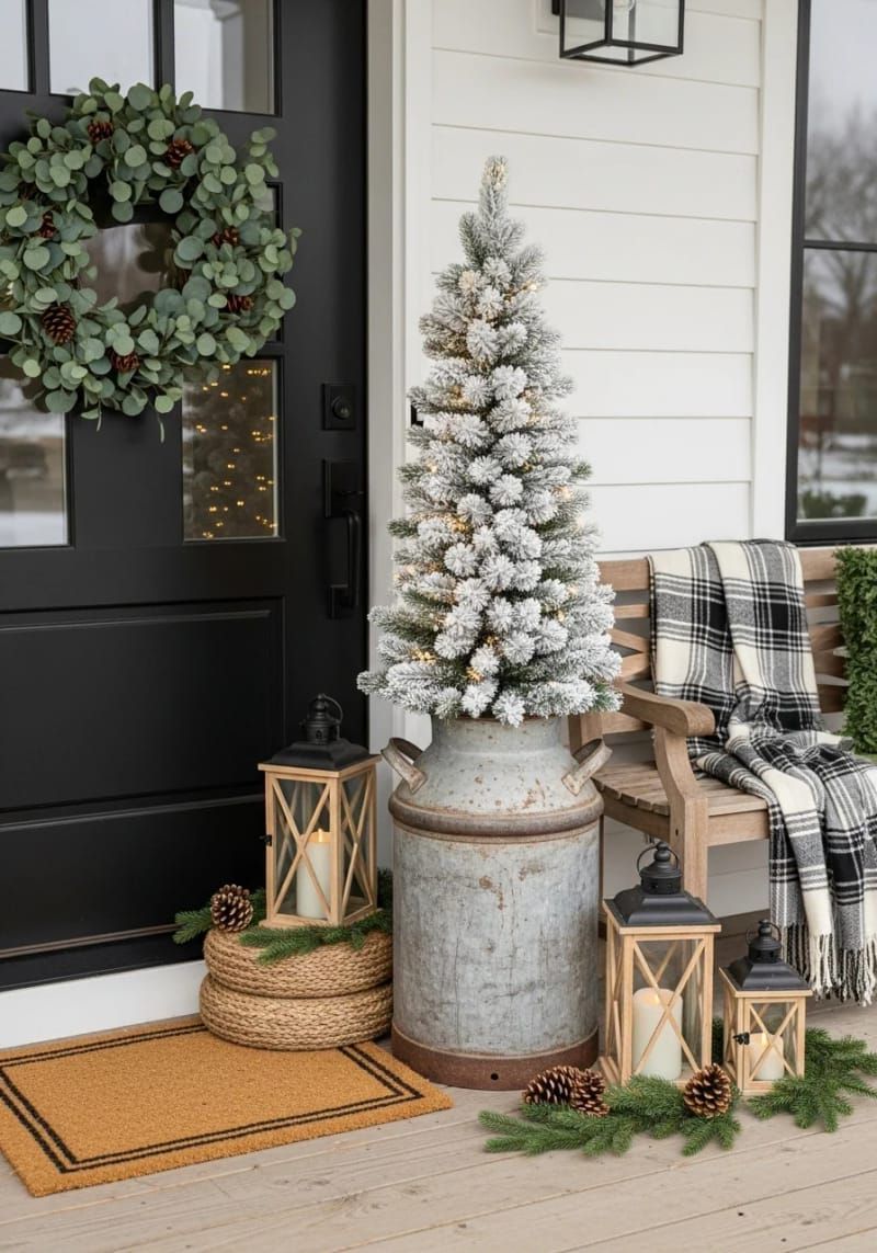 11. Vintage Milk Can with Flocked Tree and Lights - photo 2