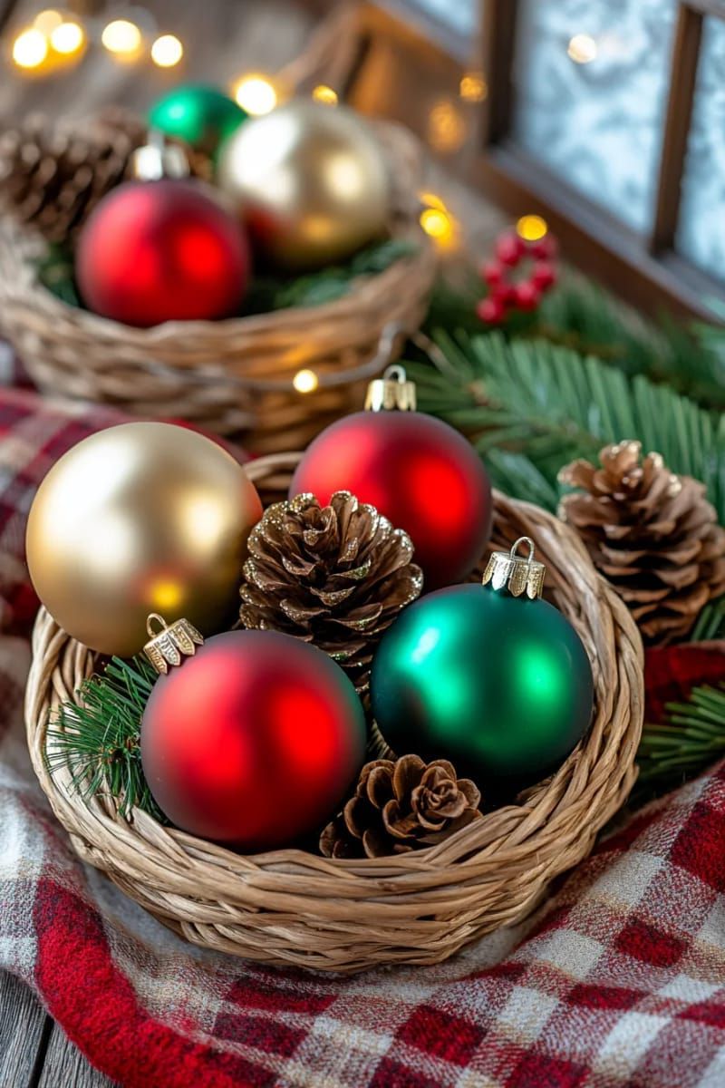 4. Wicker baskets holding glass ornaments and pinecones - photo 2