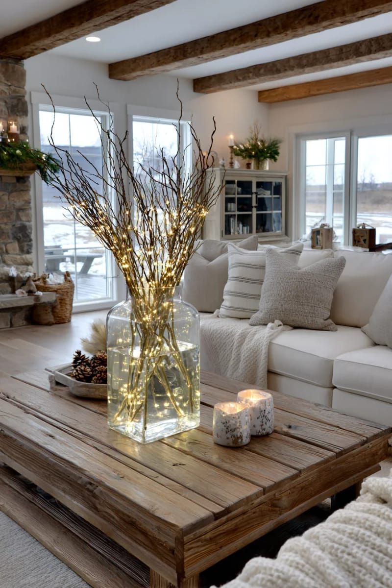 19. Glass Vase Styled With Winter Twigs And Lights