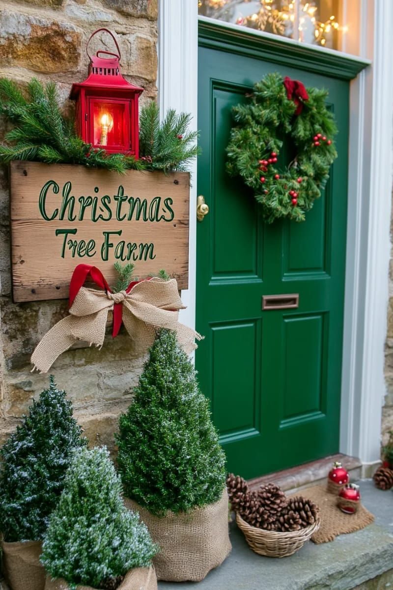 18. Evergreen Tree Farm Sign with Burlap Details