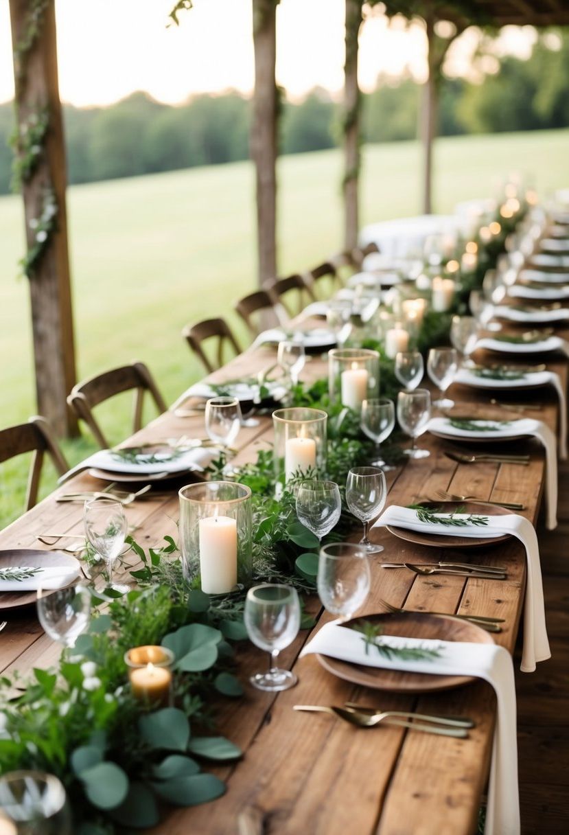 1) Rustic Wood Tables with Greenery Garlands