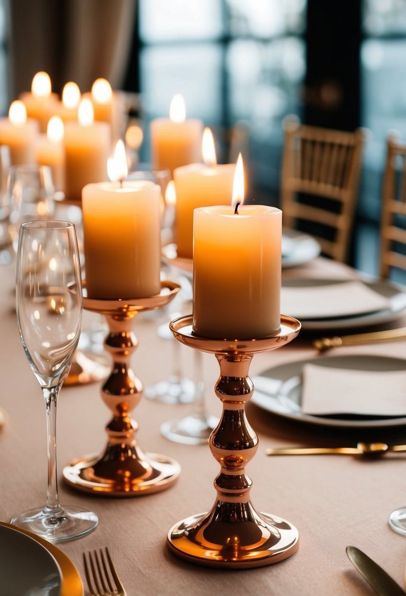 3) Rose gold and champagne candle holders