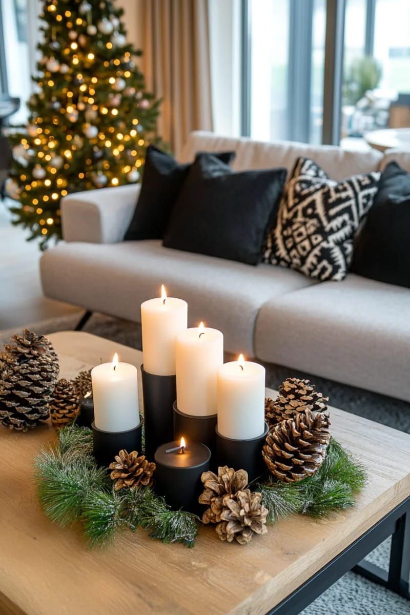 14. Black Candle Holders With Pinecones And Moss