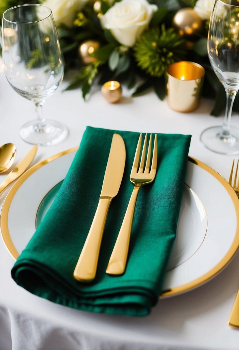 7) Gold flatware set against green napkins