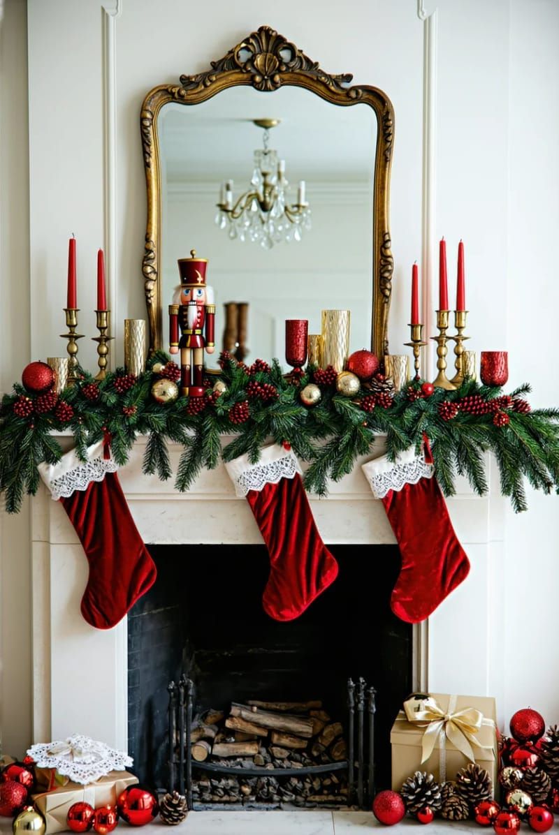 1. Retro Mantel With Velvet Stockings and Pine Garland - photo 3
